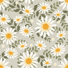 Floral vector artwork for apparel and fashion fabrics, White daisy flowers wreath ivy style with branch and leaves. Seamless pattern background.