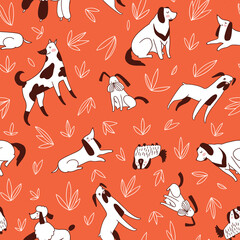 Seamless pattern with different breeds of dog. Vector funny animal repeated design. Pet background in hand-drawn style. 