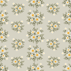 Floral vector artwork for apparel and fashion fabrics, White daisy flowers wreath ivy style with branch and leaves. Seamless pattern background.