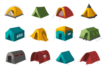Hiking and camping tent set. Triangle and dome tents for trekking picnic. Tourist campsite elements © Mykola Syvak