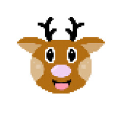 Reindeer icon in pixel art style. Cartoon deer head isolated on white background. 8 bit Santa's Reindeer. Christmas magic animal. Retro template for banner, poster, greeting card. Vector illustration