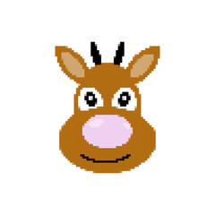 Reindeer icon in pixel art style. Cartoon deer head isolated on white background. 8 bit Santa's Reindeer. Christmas magic animal. Retro template for banner, poster, greeting card. Vector illustration
