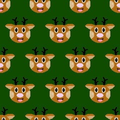 Seamless pattern with reindeer. Cartoon deer head in pixel art style. 8 bit Santa's Reindeer. Christmas magic animal. Retro design for fabric, wallpaper, wrapping paper, packing. Vector illustration