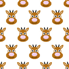 Seamless pattern with reindeer. Cartoon deer head in pixel art style. 8 bit Santa's Reindeer. Christmas magic animal. Retro design for fabric, wallpaper, wrapping paper, packing. Vector illustration