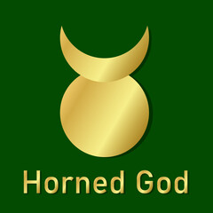 Horned God icon. Horned taurus sign in gradient gold color. Horned God sign isolated on green background. Occult Symbol of Sun and Moon. Pagan template for poster, banner, website.Vector illustration