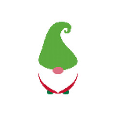 Gnome icon in pixel art style. Christmas gnome isolated on white background. 8 bit Santa's helper. Retro template for banner, poster, greeting card, party invitation. Vector illustration