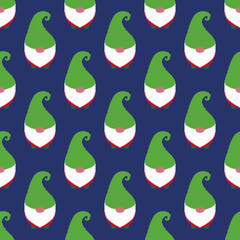Gnome seamless pattern. Christmas gnome in pixel art style. 8 bit Santa's helper. Christmas background. Retro design for print on wrapping paper, wallpaper, fabric, packing. Vector illustration