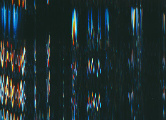 Glitch texture. Digital artifacts. Screen distortion. Blue red orange color wave static noise dust scratches on dark black illustration abstract background.