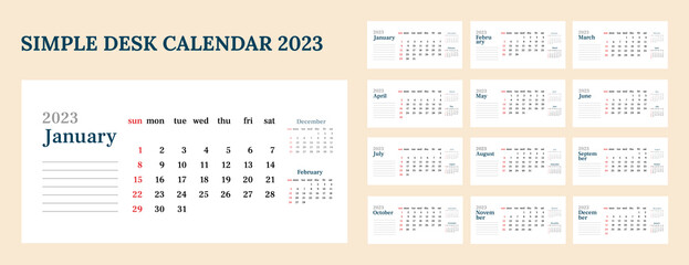 Simple desk horizontal calendar 2023. et of 12 months, cover and one sheet of the year. Week start on Sunday. Vector minimalist template