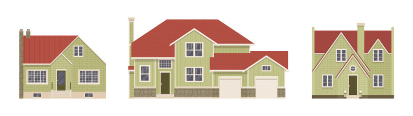 Light green home exterior, facade cartoon set. Buying dream house with garage, building decor for designers, architects, builders, homebuyer architectural inspiration. Vector flat style illustration