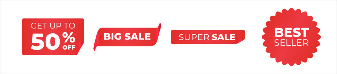 Realistic red price tags collection. Set ribbon banner. Promotion price label mega sale. Discount label design. Set labels with inscription sale