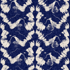  Summer indigo batik block print dyed motif seamless pattern. Fashion all over print for beach wear. Masculine shirt tie dye effect. Repeatable woven textile swatch 