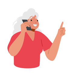 Old Woman Use Mobile Connection. Elderly Grey Haired Lady Communicate By Phone With Friend Or Family. Senior Character