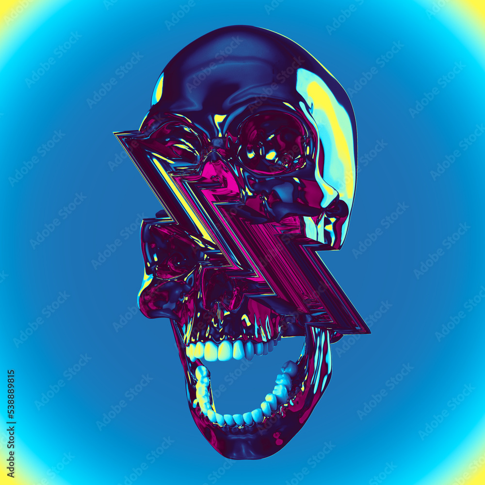 Poster abstract illustration from 3d rendering of glitch pixel stretch deformed skull in shiny chrome refle