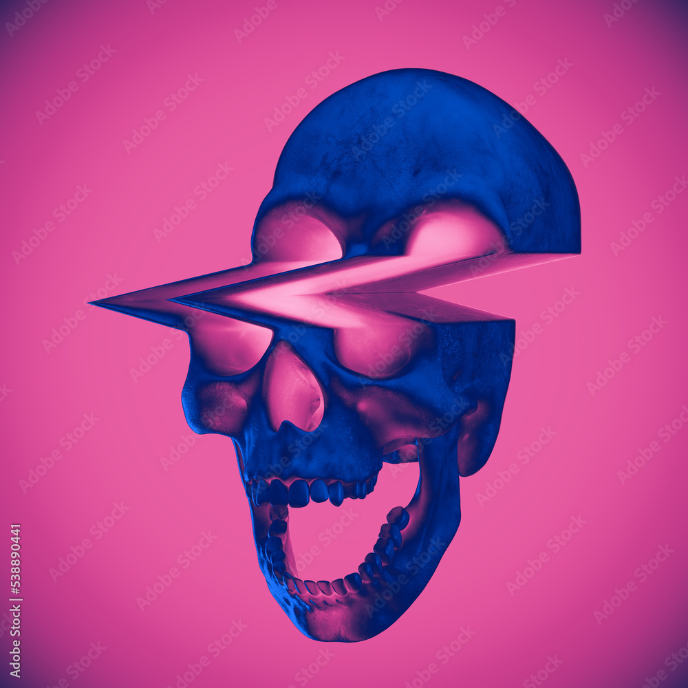Poster digital illustration from 3d rendering of pixel stretched glitch spike deformed screaming skull in v