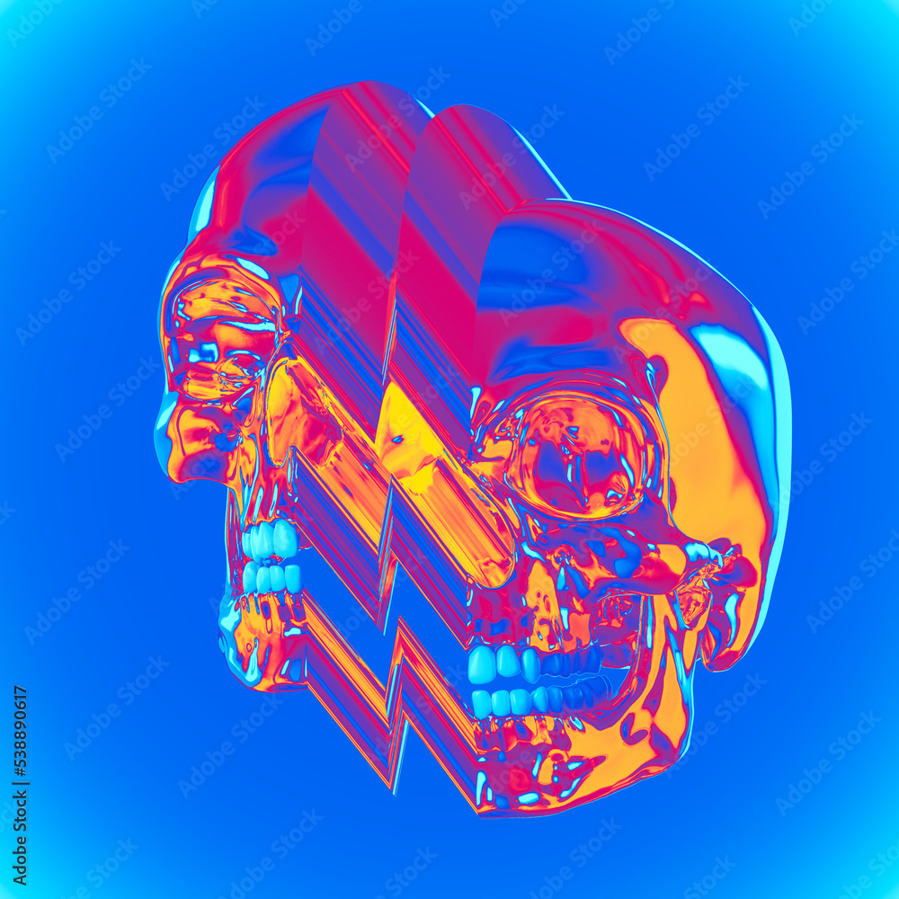 Poster abstract illustration from 3d rendering of glitch pixel stretch deformed skull in shiny chrome refle
