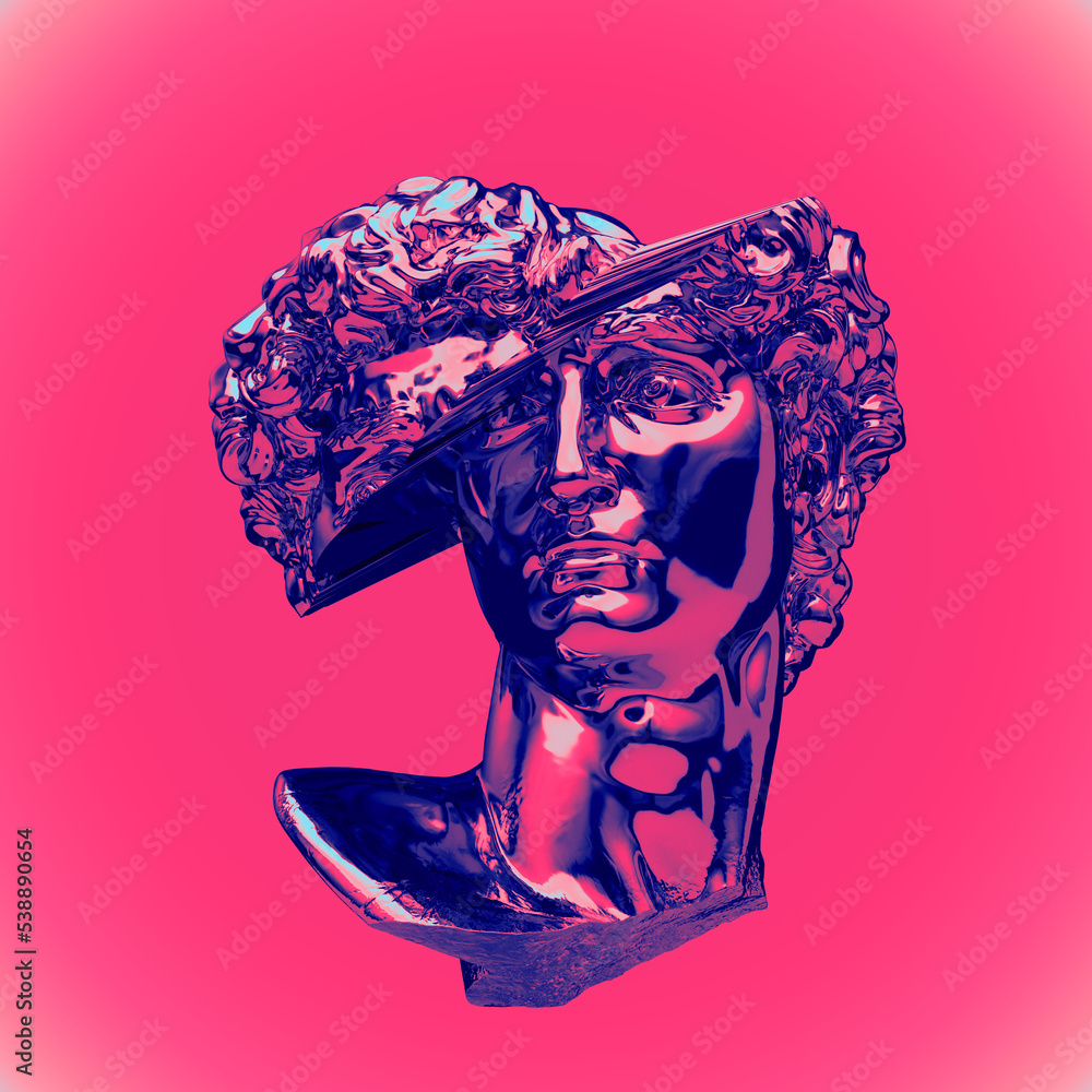 Poster abstract illustration from 3d rendering of glitch pixel stretch deformed classical head sculpture in