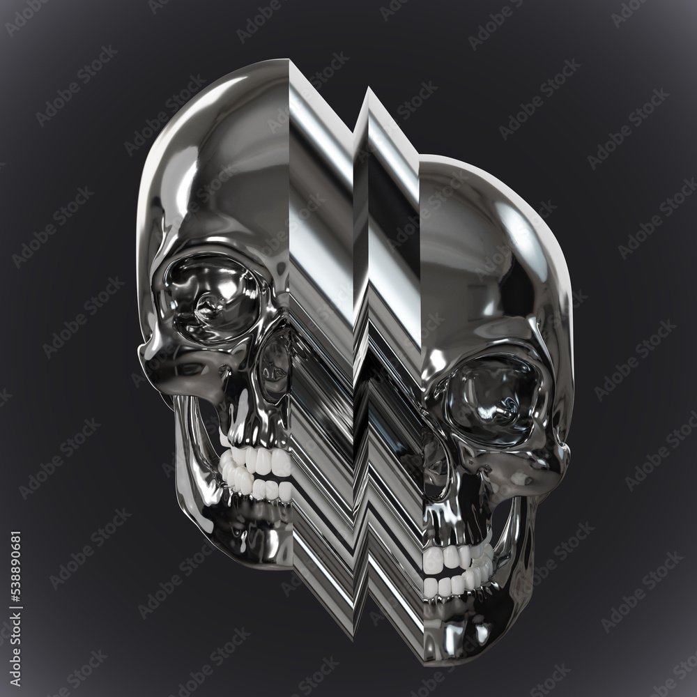 Aufkleber abstract illustration from 3d rendering of glitch pixel stretch deformed skull in shiny chrome refle