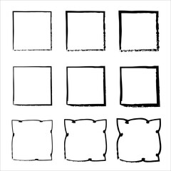 Collection of square black hand drawn grunge frames. Handdrawn square frame. Grunge style set of square shapes. Vector black painted squares. Vector illustration