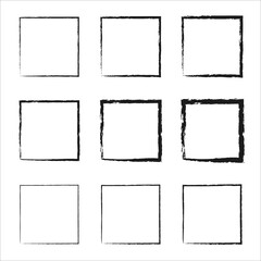 Collection of square black hand drawn grunge frames. black square shape borders. Set of design elements. Vector black painted squares. Vector illustration