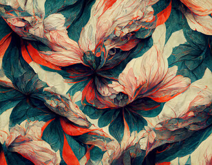 Distorted floral flowers natural distressed texture background. Retro pattern digital illustration