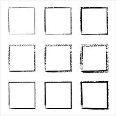 Collection of square black hand drawn grunge frames. Vector black painted squares. Grunge style set of square shapes. Grungy old texture. Dirty grunge design frames