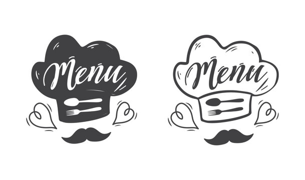 Restaurant menu design with chef's hat and moustache.