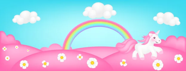 Fototapeten Meadow panorama vector illustration. Bright landscape of pink valley kids background. Colorful cute scene with fantasy candy trees, flowers, blue sky, rainbow, unicorn clouds for children sites. ©  Tati. Dsgn