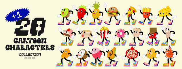 Fototapeta na wymiar Big set fruit retro cartoon stickers with funny comic characters , gloved hands. Modern illustration with cute comics characters. Hand drawn doodles of comic characters. Set in modern cartoon style