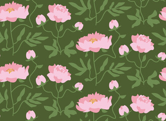 Seamless pattern with peonies. Beautiful nature texture in flat style.