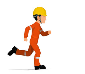 An industrial worker is running on white background