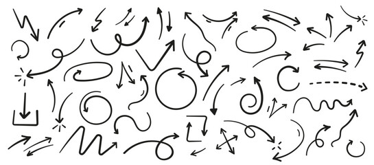 Hand drawn arrows collection Set simple flat arrows isolated on white background. Arrow mark icons and arrow paint. Stock vector. EPS10.