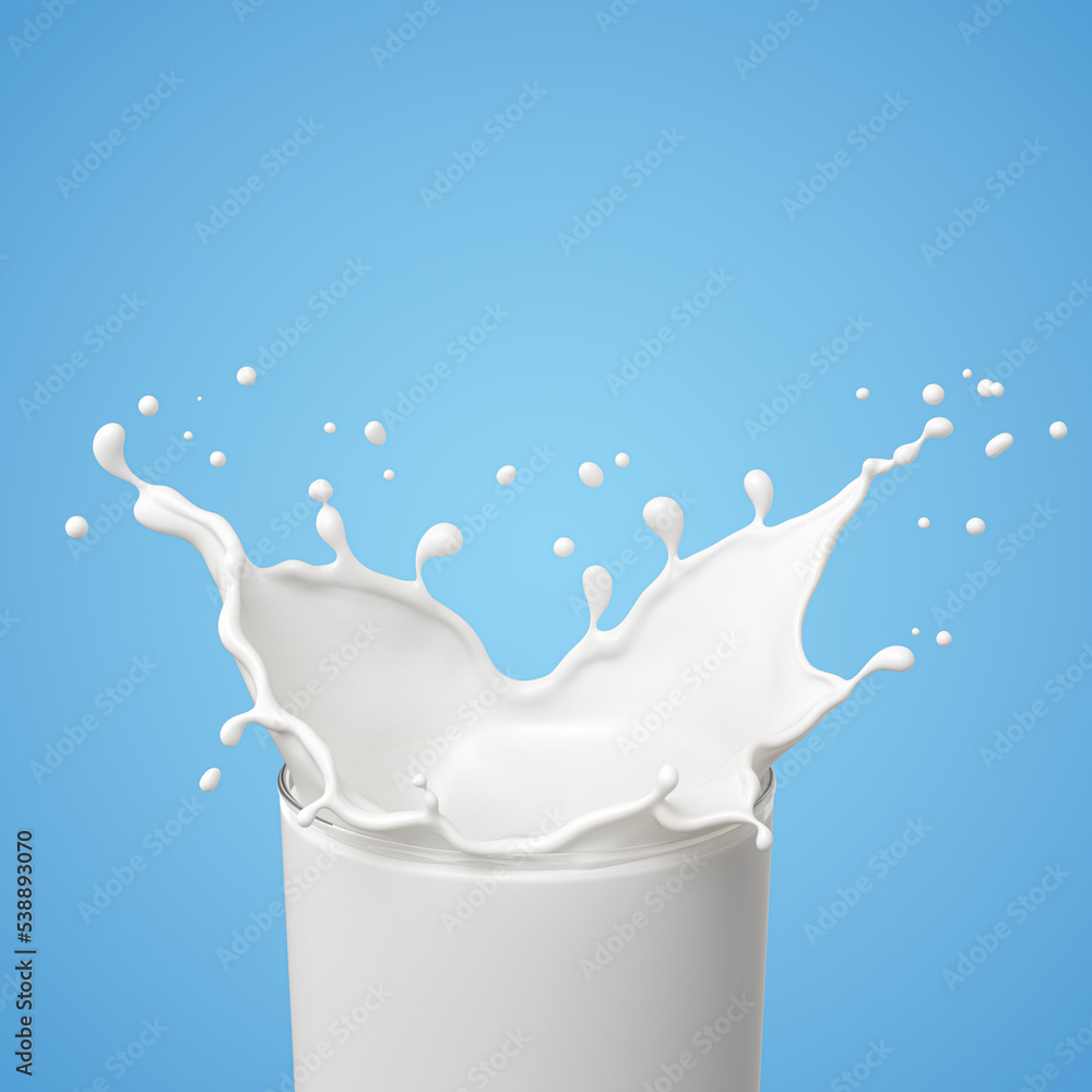 Poster splash of milk in the glass and pouring isolated on background with clipping path,3d rendering