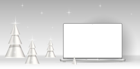 Vector, layout of a modern laptop computer in the interior on a light background, 3d.
 Free space for design. Banner, flyer.
