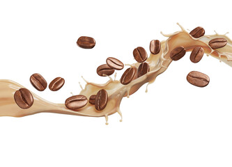 Milk coffee splash with Coffee Bean falling, 3d illustration.