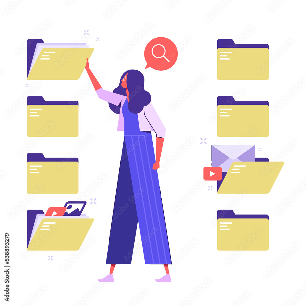 Fototapete woman search a document or file in catalog folder, search media content in folder. easy tidying up a