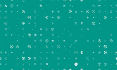 Seamless background pattern of evenly spaced white no right turn signs of different sizes and opacity. Vector illustration on teal background with stars
