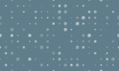 Seamless background pattern of evenly spaced white no left turn signs of different sizes and opacity. Vector illustration on blue gray background with stars
