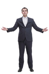 portrait of caucasian mature business man with hand on chin, looking at camera.
