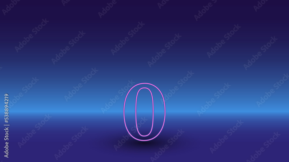 Poster neon number zero symbol on a gradient blue background. the isolated symbol is located in the bottom 