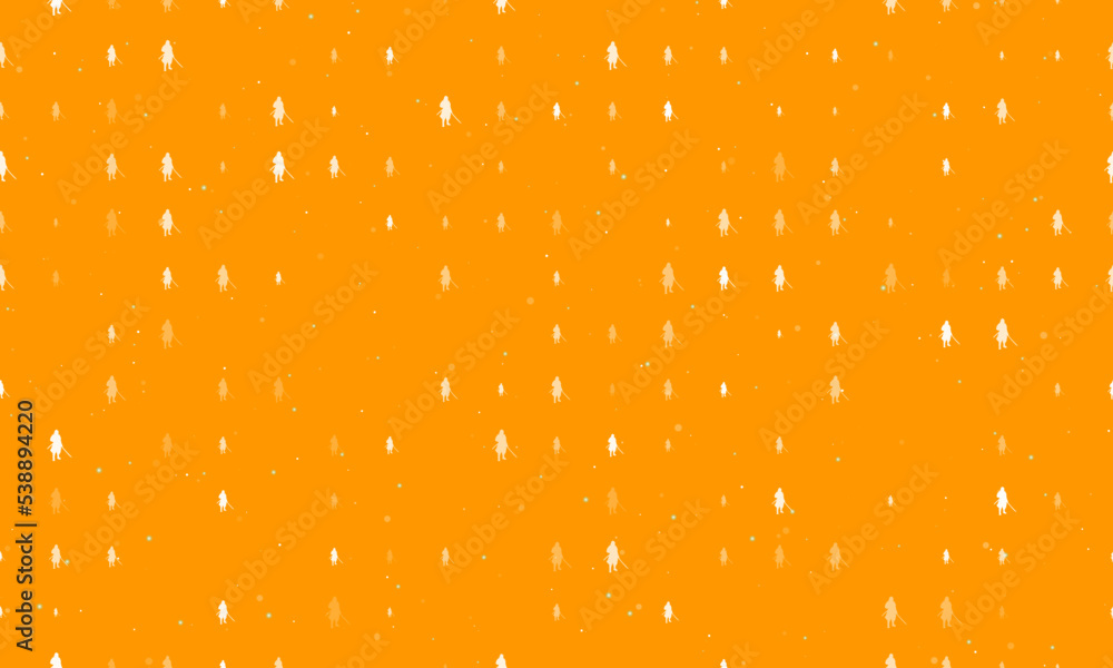 Poster Seamless background pattern of evenly spaced white samurai symbols of different sizes and opacity. Vector illustration on orange background with stars