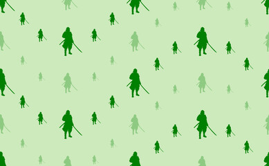 Seamless pattern of large and small green samurai symbols. The elements are arranged in a wavy. Vector illustration on light green background