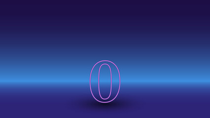 Neon number zero symbol on a gradient blue background. The isolated symbol is located in the bottom center. Gradient blue with light blue skyline