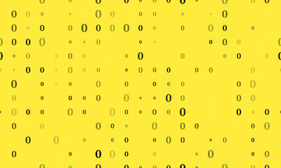 Seamless background pattern of evenly spaced black number zero symbols of different sizes and opacity. Vector illustration on yellow background with stars