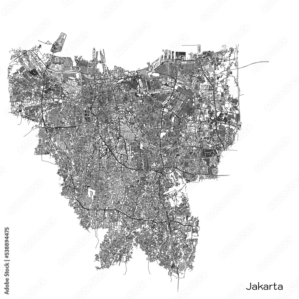 Poster Jakarta city map with roads and streets, Indonesia. Vector outline illustration.