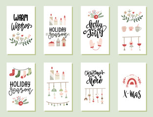 Set of Christmas gift tags with lettering and decor elements. Vector illustration.