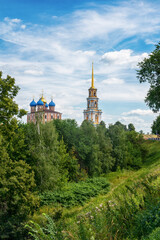 Fototapeta na wymiar View of the Ryazan Kremlin in summer in sunny weather. Church of the Transfiguration of the Saviour on Year In Ryazan