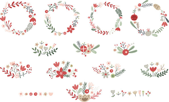 Set of Christmas wreaths and floral arrangements. Vector illustration.