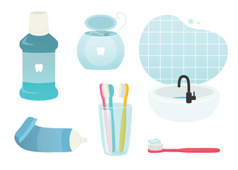 Dental hygiene cartoon collection. Set of vector equipment for tooth brushing. Dental care toiletries.