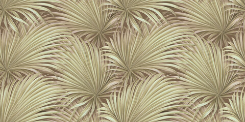 Palm leaves illustration in gold. Wallpaper texture, natural beige colors. 3d design, seamless pattern, abstract background. Mural ceiling. Watercolor effect, digital art, fabric printing, textile - obrazy, fototapety, plakaty